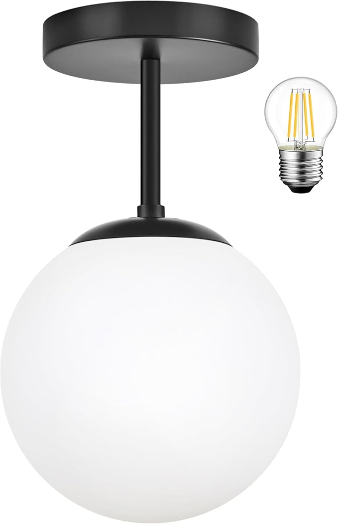 6" Mid Century Modern Globe Semi Flush Mount Ceiling Light Fixture Frosted Glass with Black Finish1-Light Globe Glass Ceiling Lights for Aisle Porch Stairway Closet Kitchen Laundry Room (Bulb Incl.)