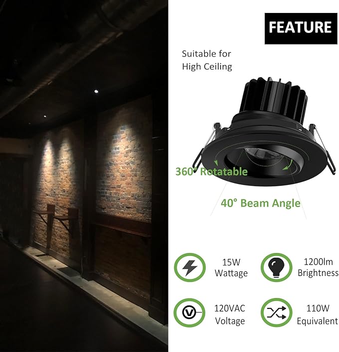POPANU Canless Recessed Gimbal Downlight - Suitable for 20ft High Ceiling 1200lm 4 Inch 15W LED Rotatable Eyeball Spotlight, 5CCT Dimmable Lights with Junction Box, Anti-Glare, Black 4 Pack