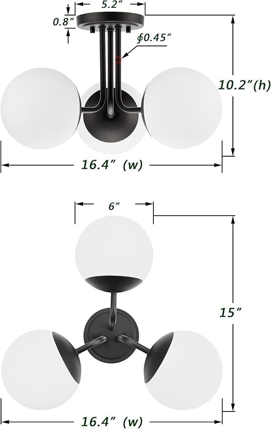 3 Light Semi Flush Mount Ceiling Light Fixture, Modern Globe Chandelier, Sputnik Farmhouse Lighting for Kitchen Bedroom Bathroom Living Room Corridor Laundry Room Bar (Matte Black)