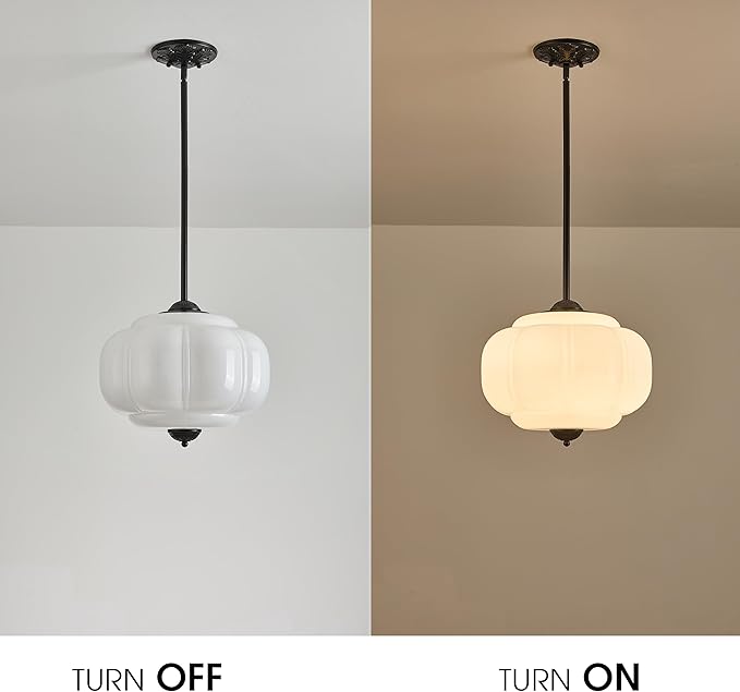 Milk Glass Ceiling Light Fixture, 15" Vintage Scallop Semi Flush Mount Pendant Light, Schoolhouse Light Fixture - Antique Chandelier for Kitchen, Hallway, Dining Room, White/Black