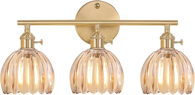 Shenmoyl Bathroom Light Fixtures, 3-Light Brass Vanity wall Light Over Mirror with Amber Tulip Glass Shade for Bedroom Living Room (Bulb Not Included)
