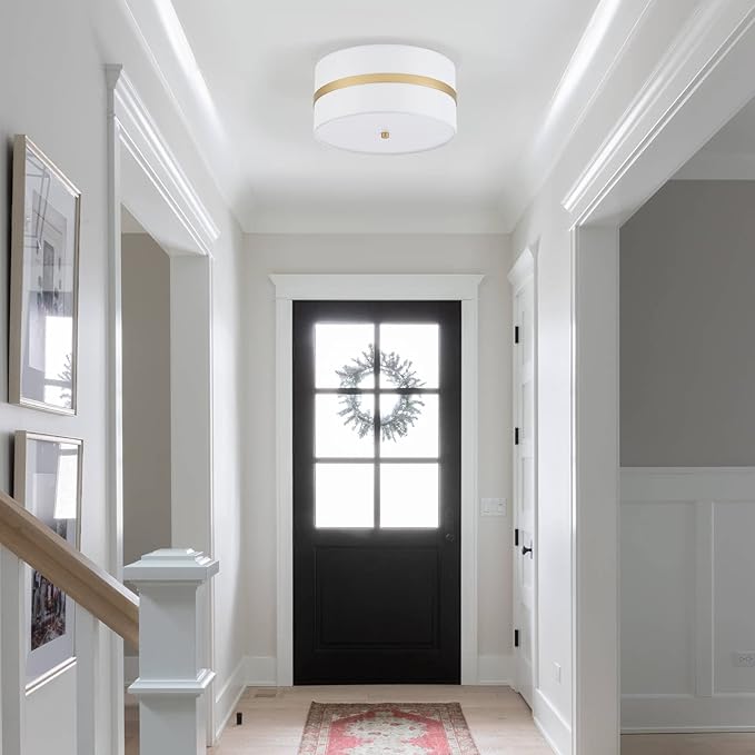 Semi Flush Mount Ceiling Light Fixture, Thin Pale Gold Brush Paint Finish Modern Ceiling Lamp with Cream White Fabric Drum Shade for Nursery Kids Room Bedroom Kitchen Hallway Entryway 3-Light