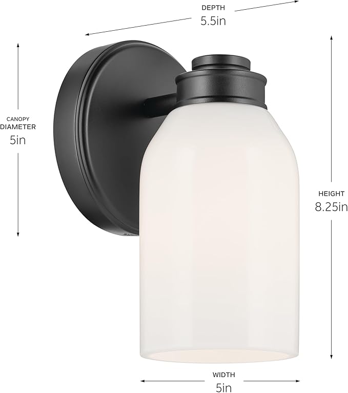 Kichler Shae 5" 1-Light Wall Sconce Modern Bathroom Vanity Light Fixture with White Opal Glass in Black for Mirror, Hallway, Fireplace (8.25" H x 5" W), 55200BK