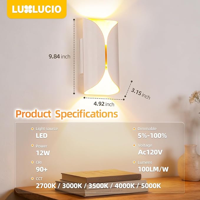 2pack White&Gold Wall Lights Modern up and Down LED Living Room Wall Light, IP65 Waterproof, 2700K-5000K 5 Color Selectable, 1200LM, 120V, CRI90+, 5-100% Dimmable, ETL FCC