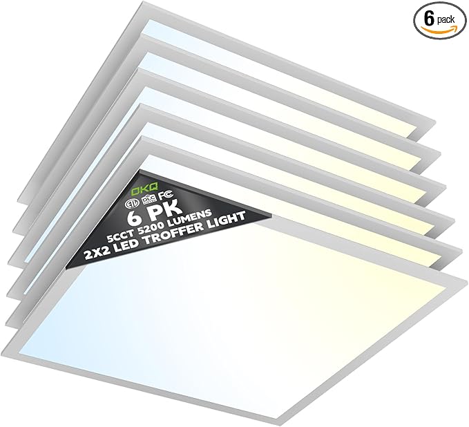 OKQ 2x2 LED Flat Panel Light Drop Ceiling Office Fixture,5 CCT 3000K-6500K Adjustable & 5 Wattage Selectable, 0-10V Dimmable, 2X2 LED Flush Mount Ceiling Light,ETL Listed 6 Pack