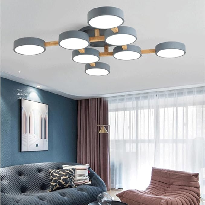 8-Lights LED Ceiling Light Fixture,44 Inch Modern Ceiling Lights Flush Mount Wooden 96W Chandelier for Living Room Bedroom Kitchen,Dimmable 3000K/4000K/6000K Temperatures Selectable, Grey