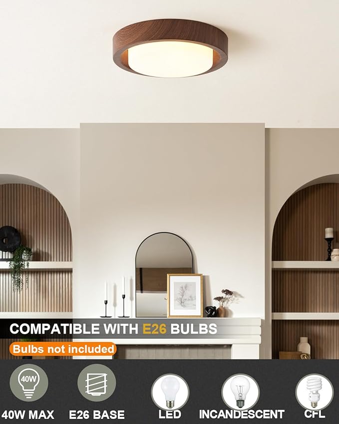 Walnut Wood Flush Mount Ceiling Light Fixture,16 Inch Ceiling Light with Frosted Glass Shade,High Deep Profile Round Ceiling Lights for Hallway Bedroom Closet Livingroom