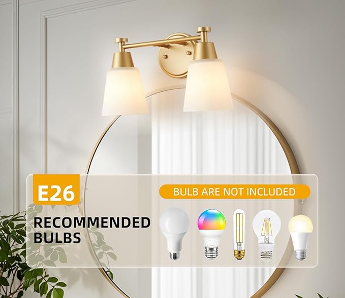 2 Light BathroomVanity Lights, Brushed Gold Wall Sconce Light with Frosted Glass, Bathroom Over Mirror Light Fixtures for Living Room, Bedroom, Hallway