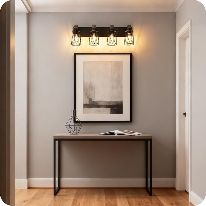 Industrial Farmhouse Bathroom Vanity Light, 4-Light Wood and Metal Wall Light Fixture, E26 Bulbs Not Included, for Bathroom, Vanity, Hallway, Black and Rustic Brown B20BD05