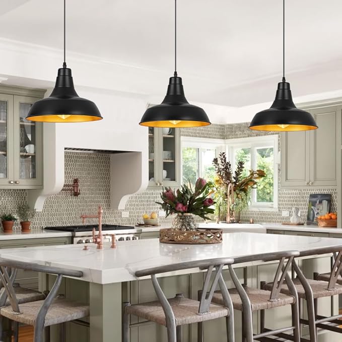 Black Pendant Lights Kitchen Island, Vintage Industrial Fixtures, Black Metal Chandelier Lights, Modern Pendant Lights for Kitchen Island Dining Room Bedroom, 11.8 inches 2 Pack