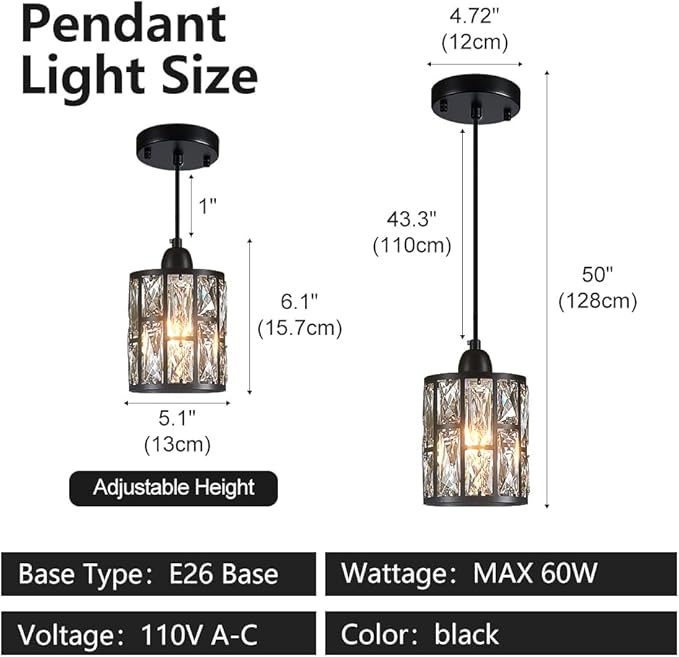 3 Pack Crystal Hanging Kitchen Island Pendant Light Black Finish Concise Fixture Crystal Plate Metal Shade for Bar Dining Room Living Room Over Sink Ceiling