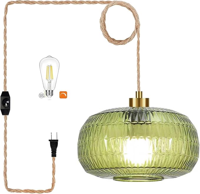 QIYIZM Plug in Pendant Light Glass Hanging Lights with Plug in Cord Boho Hanging Lamp Gold Mid Century Modern Vintage Dimmable Green Flower Plug in Chandelier Ceiling Fixture for Living Room,Kitchen