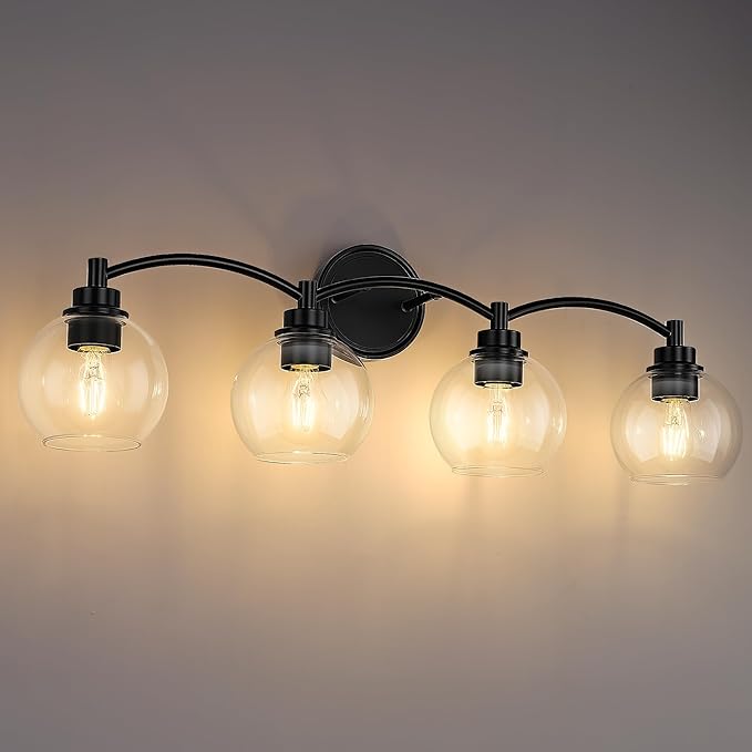 4-Light Vanity Light Fixture Over Mirror,Globe Bathroom Light with Clear Glass,Modern Black Wall Sconce,ZCVL02BK-4