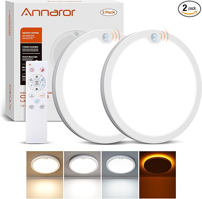 2Pack Motion Sensor Ceiling Light with Remote, Night Light 2000K, 8.7 Inch Wired Flush Mount 3000K/4000K/5000K, 1800LM Dimmable Motion Sensor Light Indoor for Closet Hallway Stairs White