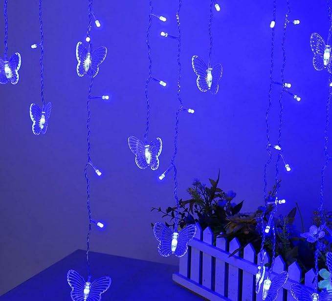 Lainin String Lights 11.5FT 96 LED Curtain Lights 18 Butterfly Drops Twinkle Lights 8 Modes Fairy String Lights for Party Indoor Outdoor Room Garden Wall Wedding Christmas Xmas Decorations (Blue)