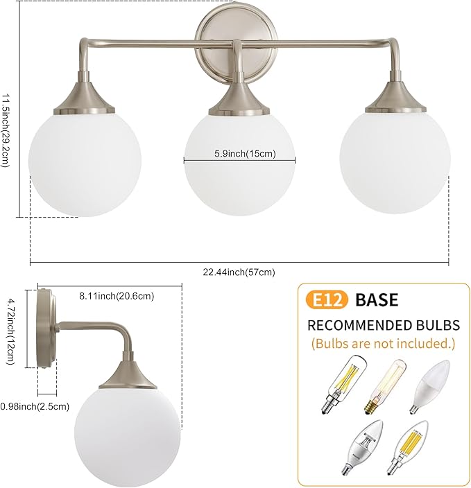 Brushed Nickel Vanity Lights Fixtures, 3-Light Bathroom Vanity Lighting Over Mirror, Modern Bathroom Wall Sconces with Milky White Glass Ball Shades