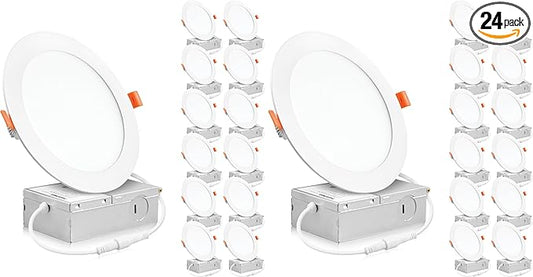 PARMIDA (24 Pack) 6 Inch Ultra-Thin LED Recessed Ceiling Light with Junction Box, 12W, Dimmable Canless Wafer Slim Panel Downlight, IC Rated, ETL-Listed - 5000K