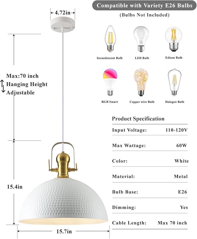 15.7 Inch White Pendant Light 2 Pack, Hammered Industrial Pendant Lights Adjustable Height, Farmhouse Dome Hanging Light for Dining Room Bedroom Foyer Barn