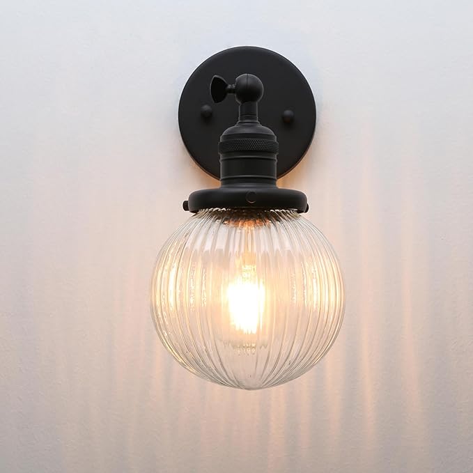 Phansthy 1-Light Wall Sconce, Brass Boho Bathroom Vanity Light, Modern Wall Light with Globe Glass Shade E26 Base, Adjustable Wall Lighting Fixtures for Bedroom, Living Room (Black, Striped Shade)
