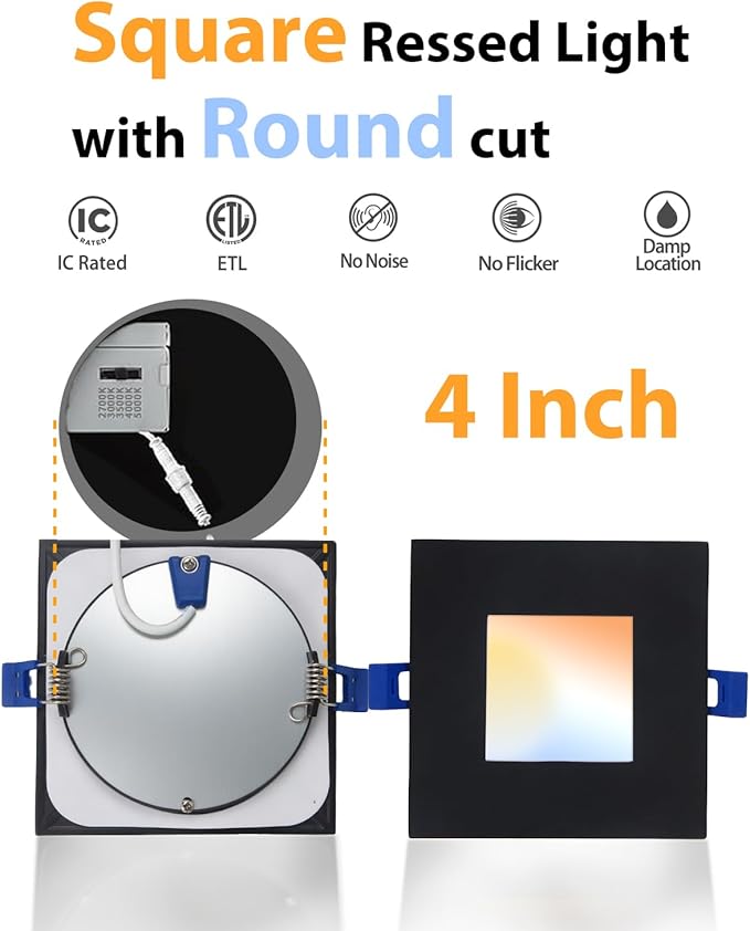 Adetu 4 inch Square Led Recessed Lighting Black,5CCT Ultra Thin Square Led Ceiling Light with Junction Box,2700K-5000K, 10W 860LM,Can-Killer Wafer Downlight,ETL and Energy Star Certified