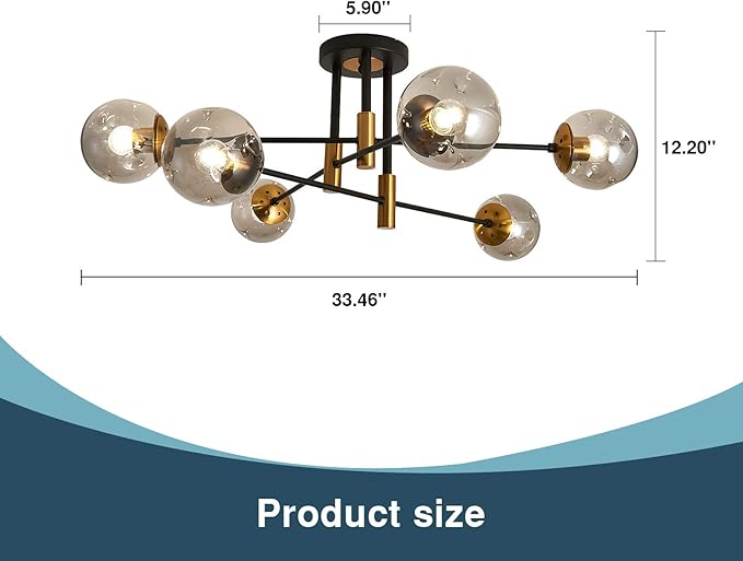 SZXYKEJI6-Lights Glass Globe Sputnik Chandelier Modern Flush Mount Ceiling Light Fixture Farmhouse Lighting for Dining Room Living Room Bedroom Kitchen Passageway(Balck and Gold)