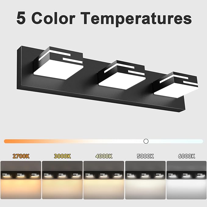LED Modern Bathroom Vanity Light Fixtures 3-Light 22-inch 5CCT Dimmable Matte Black Vanity Lights for Bathroom Lighting Fixtures Over Mirror, with 360° Rotatable Acrylic Heads