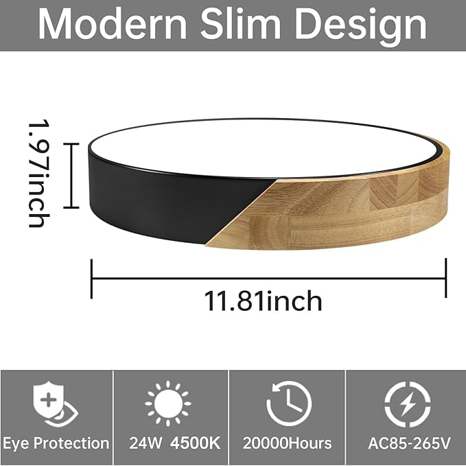 Ketom Modern Flush Mount Ceiling Light Fixture 12 Inch LED Ceiling Light, 24W Minimalist Round Shaped Wood Ceiling Lamp Natural White 4500K, Not Dimmable