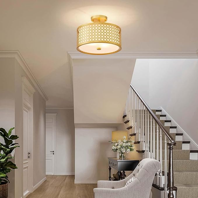 Farmhouse Drum Ceiling Light, 2-Light Mid-Century Modern Semi-Flushmount Light Fixture for Bedroom, Entryway, Kitchen, D13xH9inch, Gold Finish Patterned Lampshade & White Fabric Inner Shade