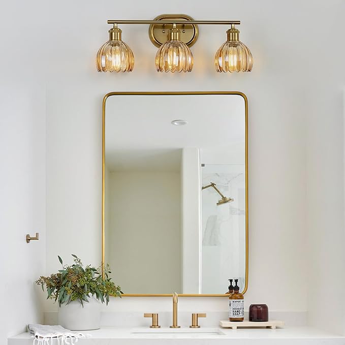 Gold Bathroom Light Fixture, 3-Light Bathroom Vanity Light Over Mirror with Ribbed Amber Tulip Glass Shade, Brass Wall Scone Lighting for Farmhouse, Bedroom,Living Room,Hallway