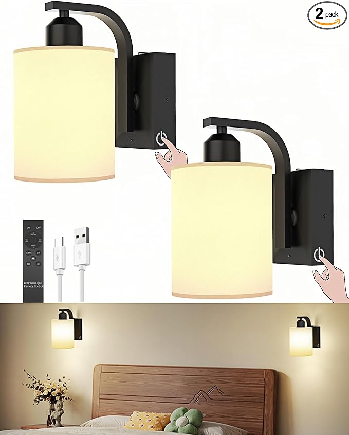 iThird Wall Sconce Battery Operated Set of 2, 6000mAh Rechargeable Wall Lights with Touch Control and Remote Control, Wireless Wall Lamps for Bedroom, Black Sconces Wall Decor for Living Room Hallway