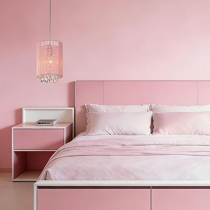 LaLuLa Hanging Lamp Plug in,Pink Cotton Hanging Lights with Plug in Cord, Crystals Pendant Light,1-Light Hanging Lamps for Living Room Plug in,Bedrooms, Girls Room,Vanity,Playhouse,Closet