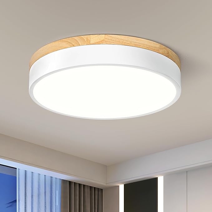 Modern Dimmable Wood Ceiling Light, White Round LED Flush Mount Ceiling Lighting Fixtures, Minimalist Ceiling Lamp for Kitchen Bedroom Laundry Room Living Room Entryway Hallway&11.81 in