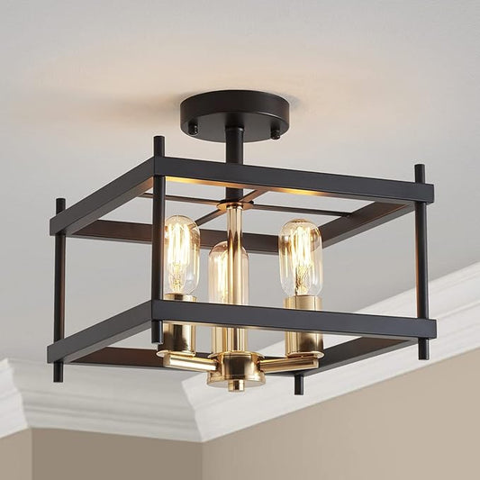 AGV LIGHTING CL011BB Farmhouse Semi Flush Mount Ceiling Light Fixture, Steel Square Ceiling Light, E26 Base 3-Lights, L12 x W12 x H9, Matte Black & Light Gold Finish