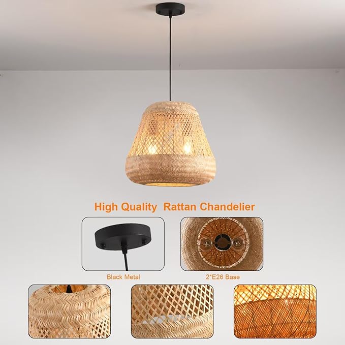 2-Light Rattan Pendant Light,Handmade Rattan Woven Wicker Boho Chandelier Light Fixture Kitchen Island Bedroom Living Room Dining Room Farmhouse Adjustable Height