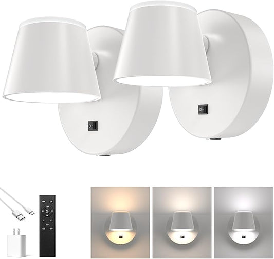 URSOLA Battery Operated Wall Lights Set of Two, LED Rechargeable Battery Wall Sconce with 9000mAh 3CCT and Dimmable Magnetic 360° Rotation Cordless Light for Bedroom（White）