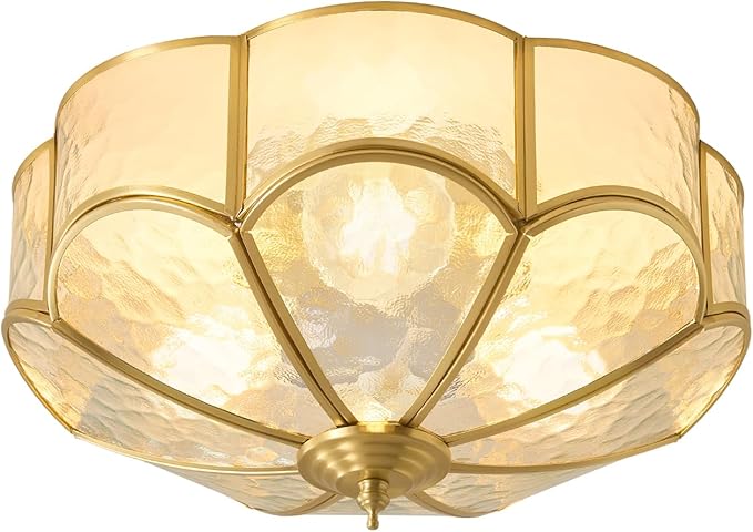 Gold Vintage Brass Ceiling Light - Small 11.8 Inch Hammered Glass Mid Century Flush Mount Lighting Fixtures - Art Deco Antique Modern Lamp for Hallway Bedroom Kitchen Entryway Laundry Foyer Bathroom
