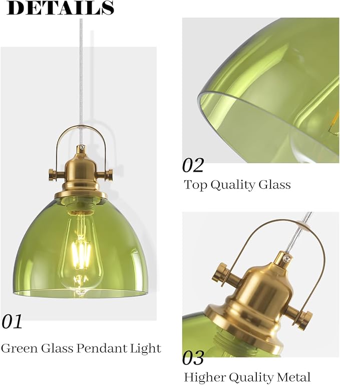 Glass Pendant Lights Kitchen Island, 7.5 inch Green Glass Pendant Lights, Vintage Pendant Lighting 1-Pack,Farmhouse Kitchen Island Lights for Kitchen, Bedroom, Living Room, Bathroom