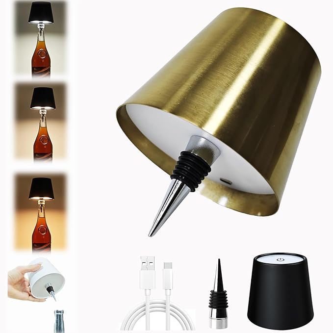 Neioaas Wine Bottle Lamp, 3 Color Light Dimming Metal Wine Bottle Light, Rechargeable Waterproof Bottle Touch Lamp Head with for Home,Bar,Camping,Travel,Restaurants, Party, Decor & Gifts(Gold)