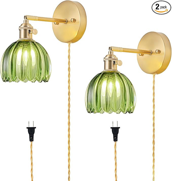 Plug in Wall Sconces Set of 2, Vintage Wall Sconce Light with Tulip Green Glass Lampshade, Bedroom Wall Sconce with Switch and Plug in wall lamp Cord, Gold Wall Light Wall Decor Set of 2