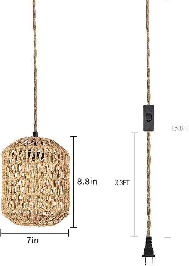 Plug in Pendant Light, Industrial Hanging Light with Plug in Cord Hemp Rope On/Off Switch Farmhouse, Vintage Pendant Light Fixture, Hanging Lamps for Dining Room