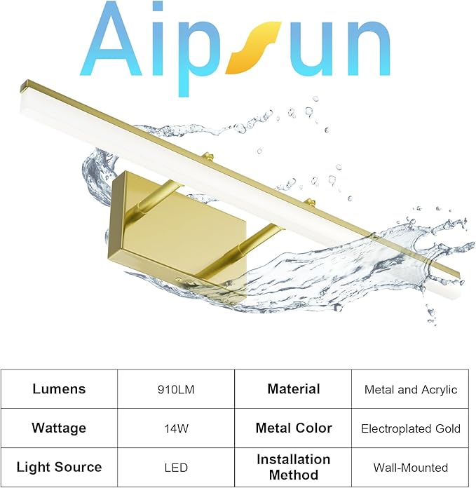 Aipsun Bathroom Vanity Light Brushed Gold Modern LED Vanity Lighting Over Mirror 24inch Adjustable Gold Wall Light for Bathroom (Cool White 5500K)