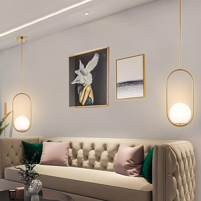 BYOLIIMA Modern Gold Globe Pendant Light Mid Century Chandelier 1-Light Brushed Brass Ceiling Hanging Lighting Fixture with White Globe Glass Shade for Kitchen Island Dining Room Bedroom