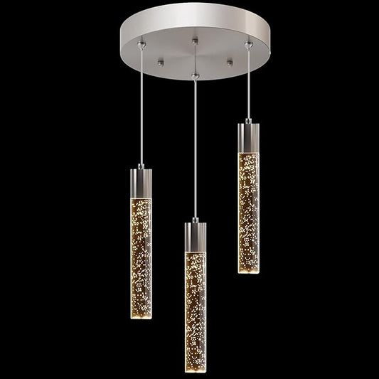 Modern Pendant 3 Light with Adjustable Height - Brushed Nickel & Clear Glass Cylinder Island Lights, 3000-6000K Dimmable Kitchen Pendant Lighting for Kitchen Island, Dining Room, Bar Counter