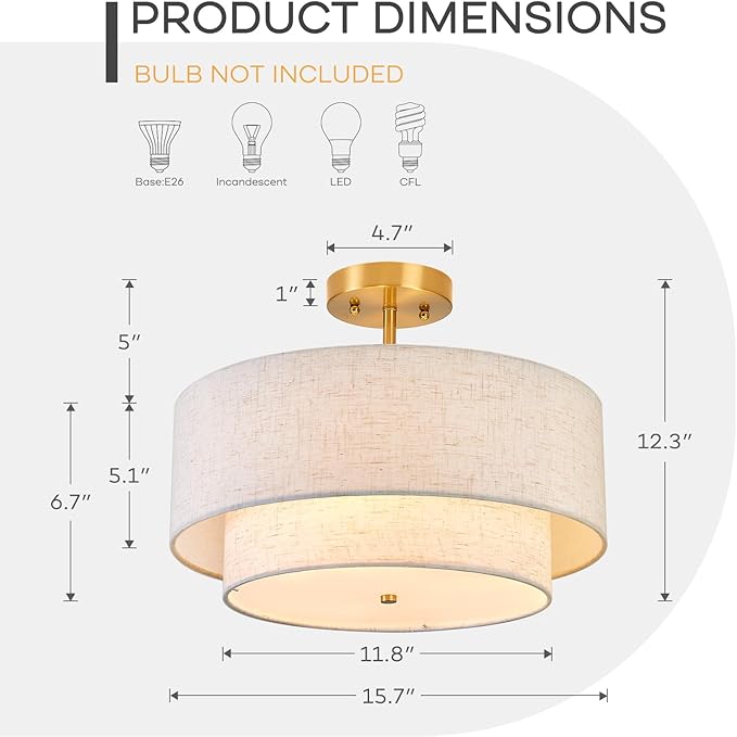 16" Semi Flush Mount Ceiling Light, 3-Light Double Drum Fabric Linen Shade for Living Room, Bedroom, Kitchen, Dining Room, Hallway and Entryway