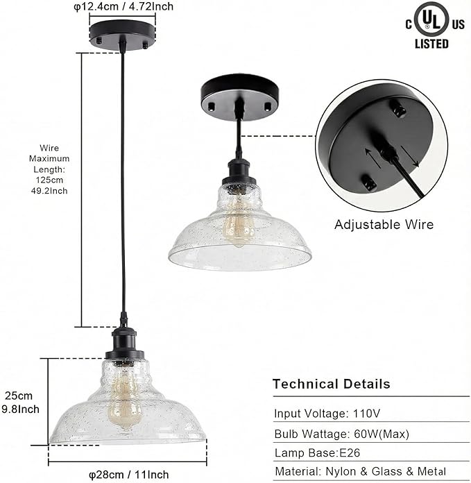 GLADFRESIT 3 Packs Industrial Pendant Lights, Vintage Hanging Light Over Table, Black Bubble Dome Glass Lampshade, Black Lamp Head and Base, Adjustable Hanging Height Lighting Fixtures.