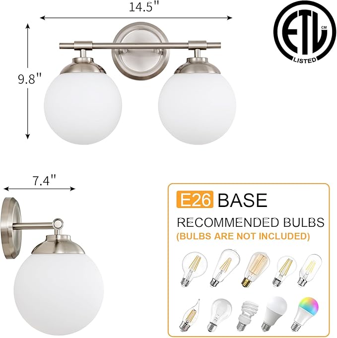 Rayogale Bathroom Light Fixtures, 2-Light Nickel Vanity Lights Over Mirror with White Glass Shade, 15 Inch Bathroom Wall Sconces for Bedroom Living Room (Bulbs Not Included)