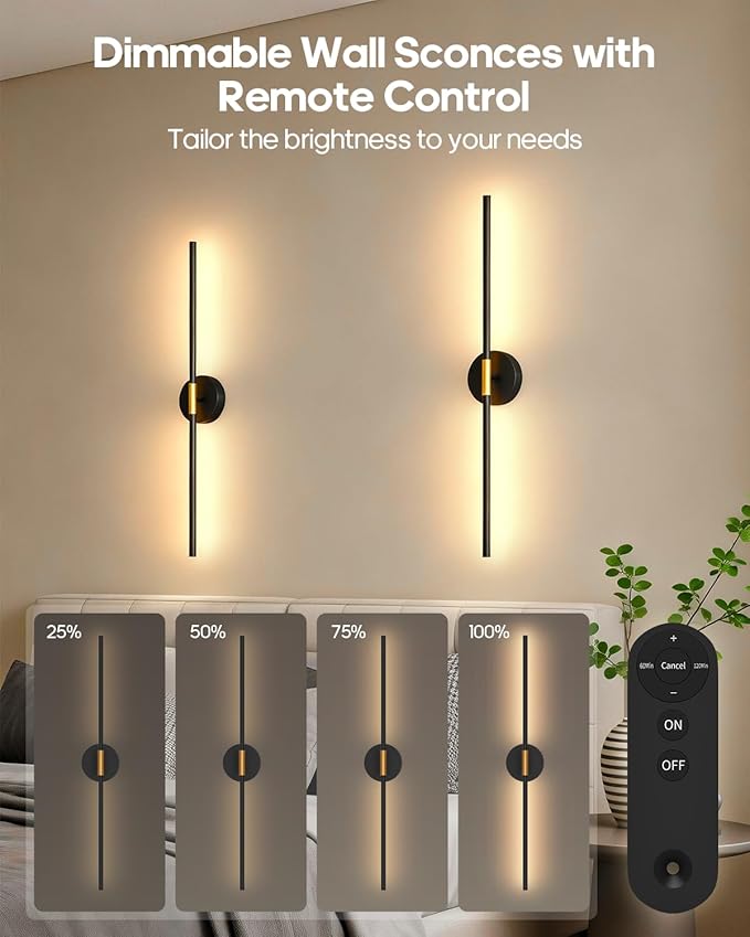 Battery Operated Wall Sconces Set of 2, 360° Rotatable Wall Sconce with Remote, 3000K Dimmable Magnetic Mount Wall Sconces, Rechargeable 28.3inch Wall Lights for Bedroom, Living Room, Dinning Room