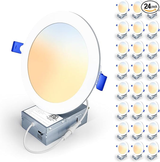 24 Pack 6 Inch 5CCT LED Recessed Light, Silm Canless Recessed Lighting, Dimmable, Damp Rated, 2700K-5000K Selectable, Wafer Ceiling Downlight with Junction Box, 1200LM, 12W 120V, ETL&FCC