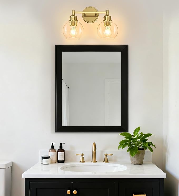 Bathroom Light Fixtures, 2-Light Brushed Gold Vanity Light Globe Glass Shades, Bathroom Lighting Fixtures Over Mirror, Wall Sconces for Master Bathroom, Guest Bathroom, Powder Room, 14-inch