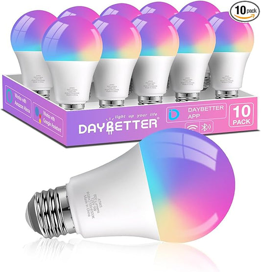 DAYBETTER Smart Light Bulbs, Smart Bulb Compatible with Alexa & Google Home, A19 E26 2.4G WiFi Bluetooth Alexa Light Bulbs, RGBCW Color Changing LED Light Bulb, 60W Equivalent, 800LM, 10Pack